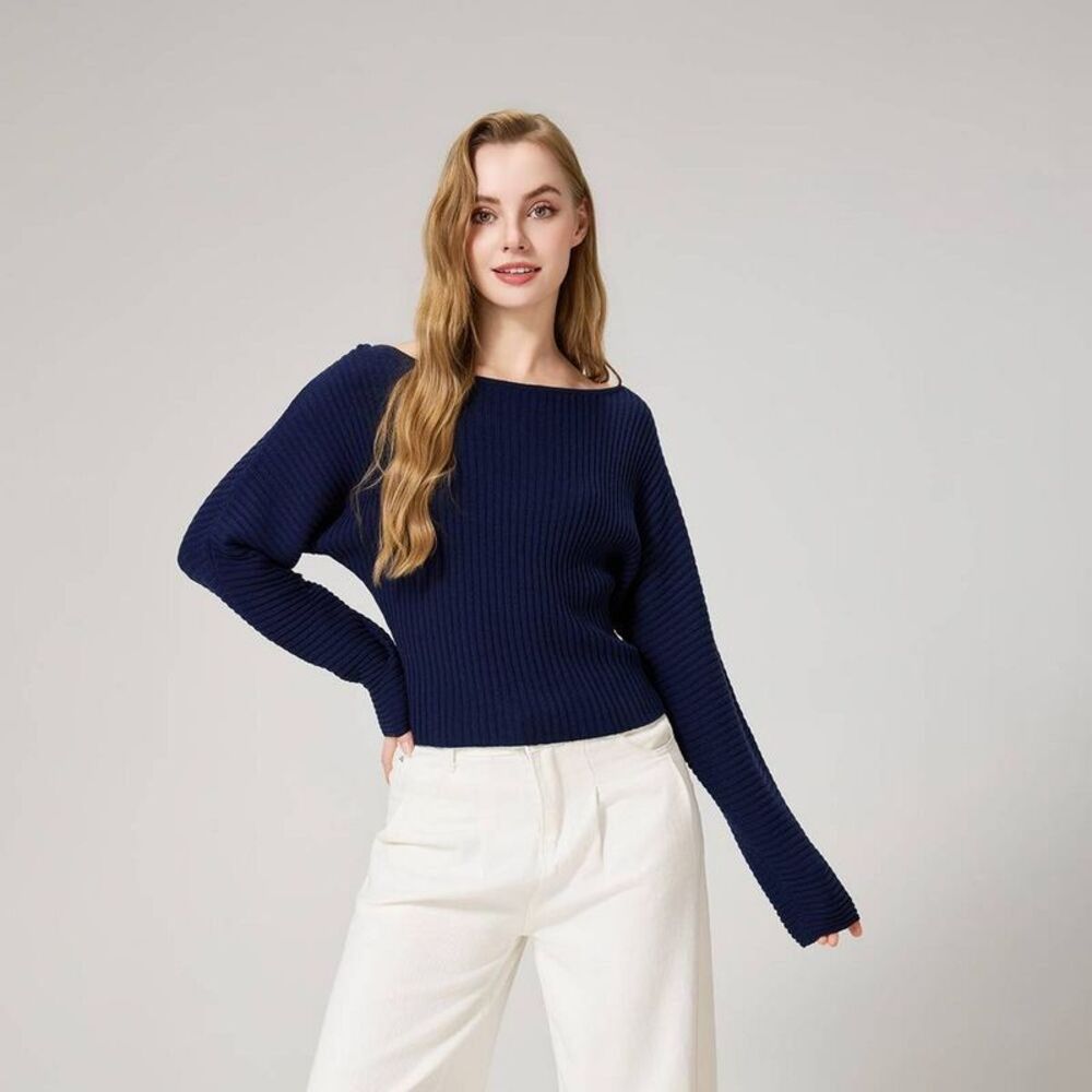 Women's Long Sleeve Ribbed Boat Neck Sweater - A New Day Blue XS/S